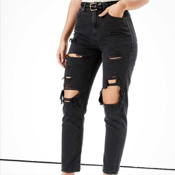 American Eagle Outfitters Mom Jeans destroyed black  size 4 - Picture 1 of 11